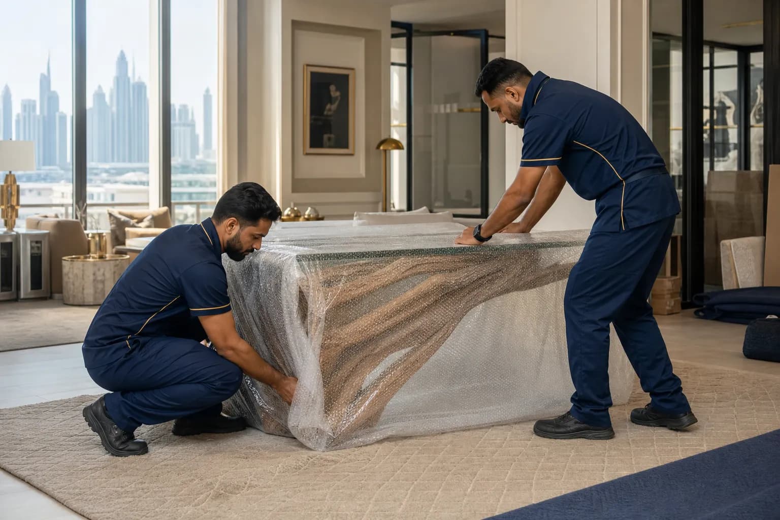 Fragile & Luxury Item Moving team working in a Dubai villa